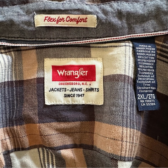 Wrangler flex For Comfort Brown Blue Plaid Button Down Men's Shirt XXL - Picture 7 of 7
